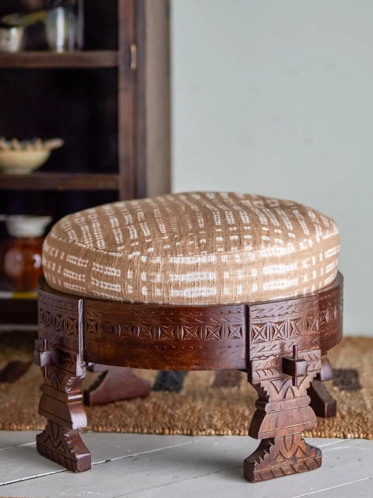 Taburet rotund din lemn de mango cu perna detasabila, 60 X 42 cm, Paloma