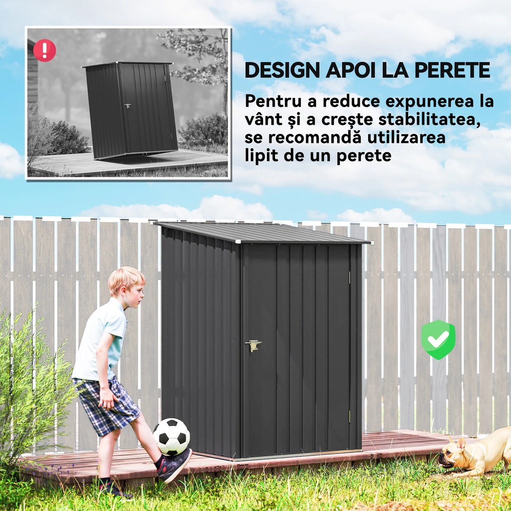 Outsunny Căsuță de Grădină 0,92m² din Oțel Galvanizat, Depozit pentru Unelte cu Ușă Blocabilă și Acoperiș Înclinat, 100x104x160 cm, Gri Închis | Aosom Romania