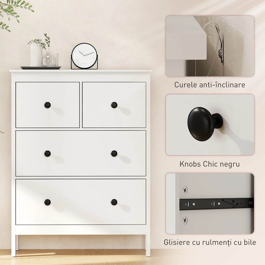 HOMCOM Comodă cu 4 Sertare pentru Dormitor din Lemn 74x35x97 cm Alb | Aosom Romania