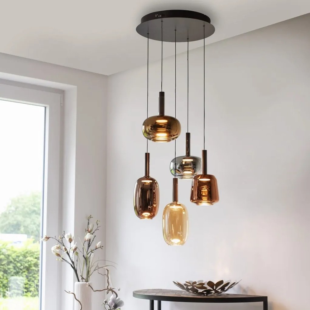 Lustra cu 5 pendule LED, inaltime reglabila, sticla, multicolor, IRIDES