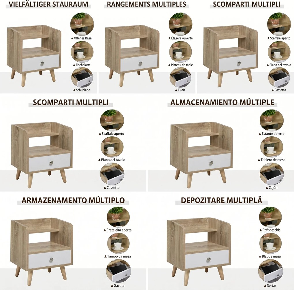 HOMCOM Noptieră cu Sertar și Raft, Mobilier Compact pentru Dormitor sau Sufragerie, Economie Spațiu, Lemn, Alb | Aosom Romania