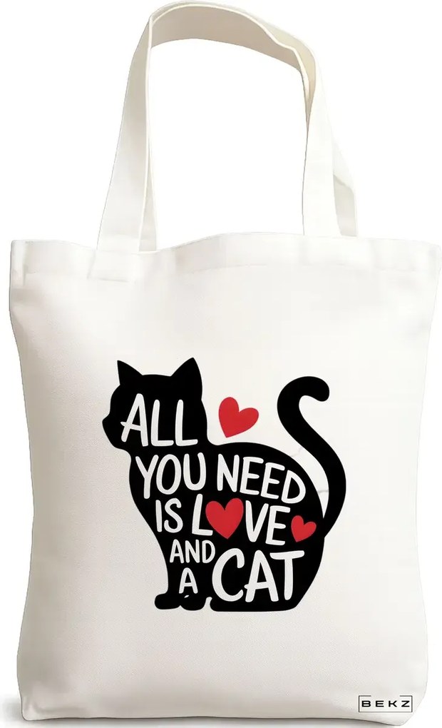 Sacosa de Panza pentru Cumparaturi, Geanta Tote, model All you need is love and a Cat, 38 x 34.5 cm, Alba, BEKZ®
