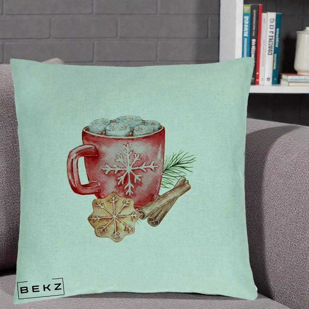 Perna Decorativa Cacao de Iarna cu Biscuit, 40x40 cm, Verde Menta, Husa Detasabila, Perna Inclusa, BEKZ®