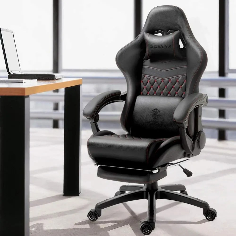 RESIGILAT- DOWINX Scaun gaming, ergonomic, suport lombar cu masaj, spătar înalt, reglabil, tetieră, suport pentru picioare, rezistent 150 kg, piele PU, Negru