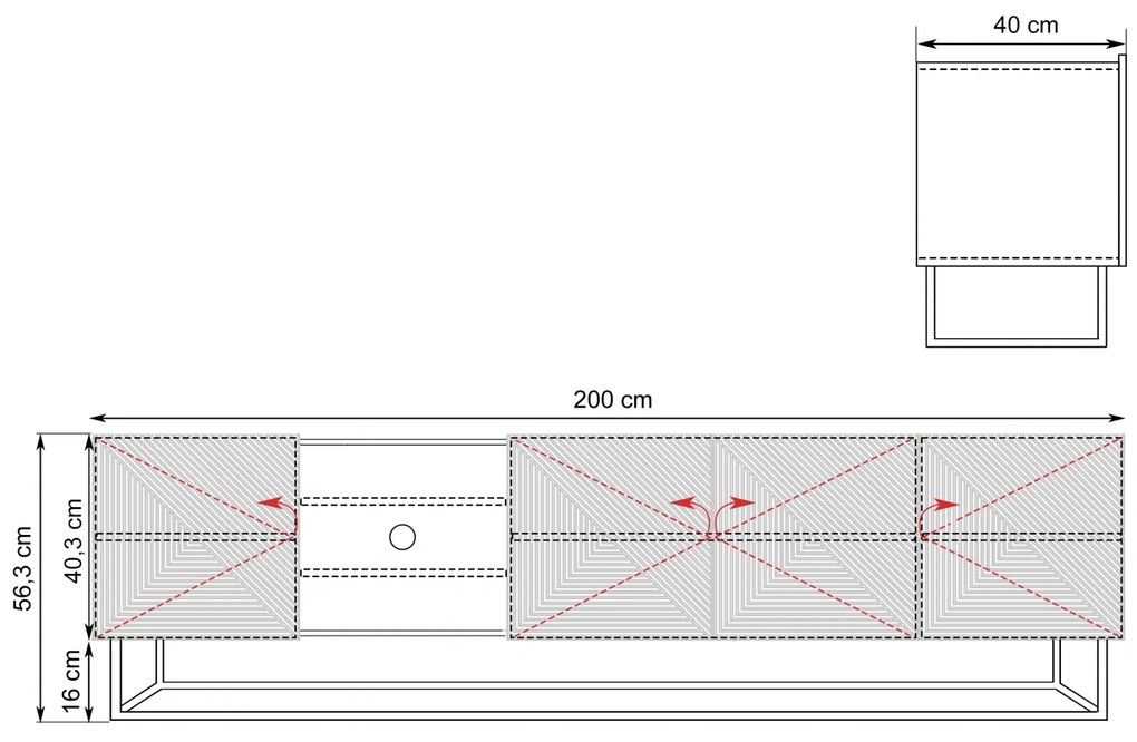 Comodă TV Asha 200 cm cu partea frontală canelat, nișe și cadru metalic – stejar artisan / rivier stone mat