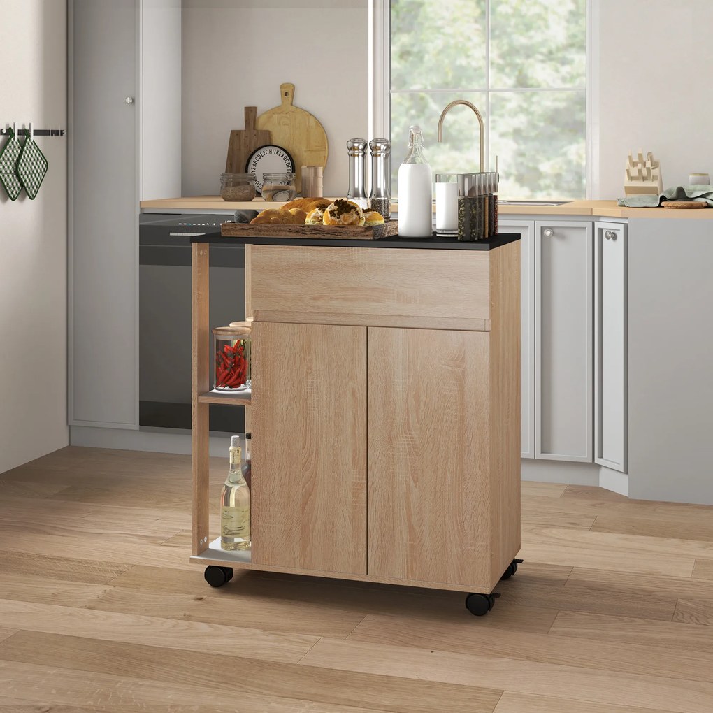 HOMCOM Dulapior de Bucătărie cu Sertare și Roți, Mobilier din Lemn, 78x39.5x88.5 cm, Stejar &amp; Negru | Aosom Romania