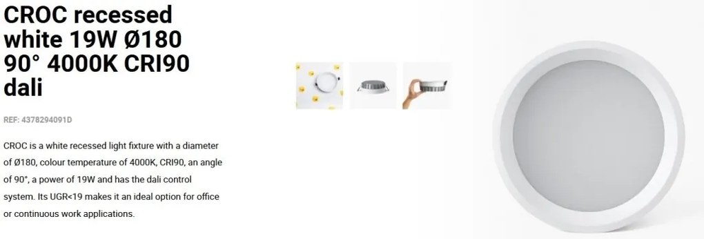 Spot LED incastrabil recessed white 19W 18cm 90 grade 4000K CRI90 dali