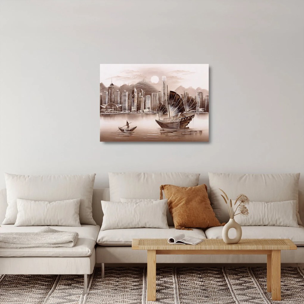 Tablou pe sticlă - Victoria Harbour, Hong Kong, efect sepia (70x50 cm)