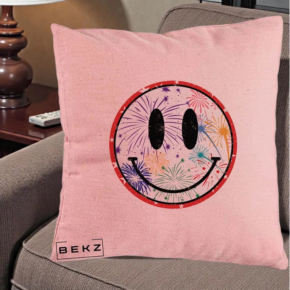 Perna decorativa Smiley Face cu Artificii Multicolore, 40x40 cm cu Umplutura, Roz, BEKZ
