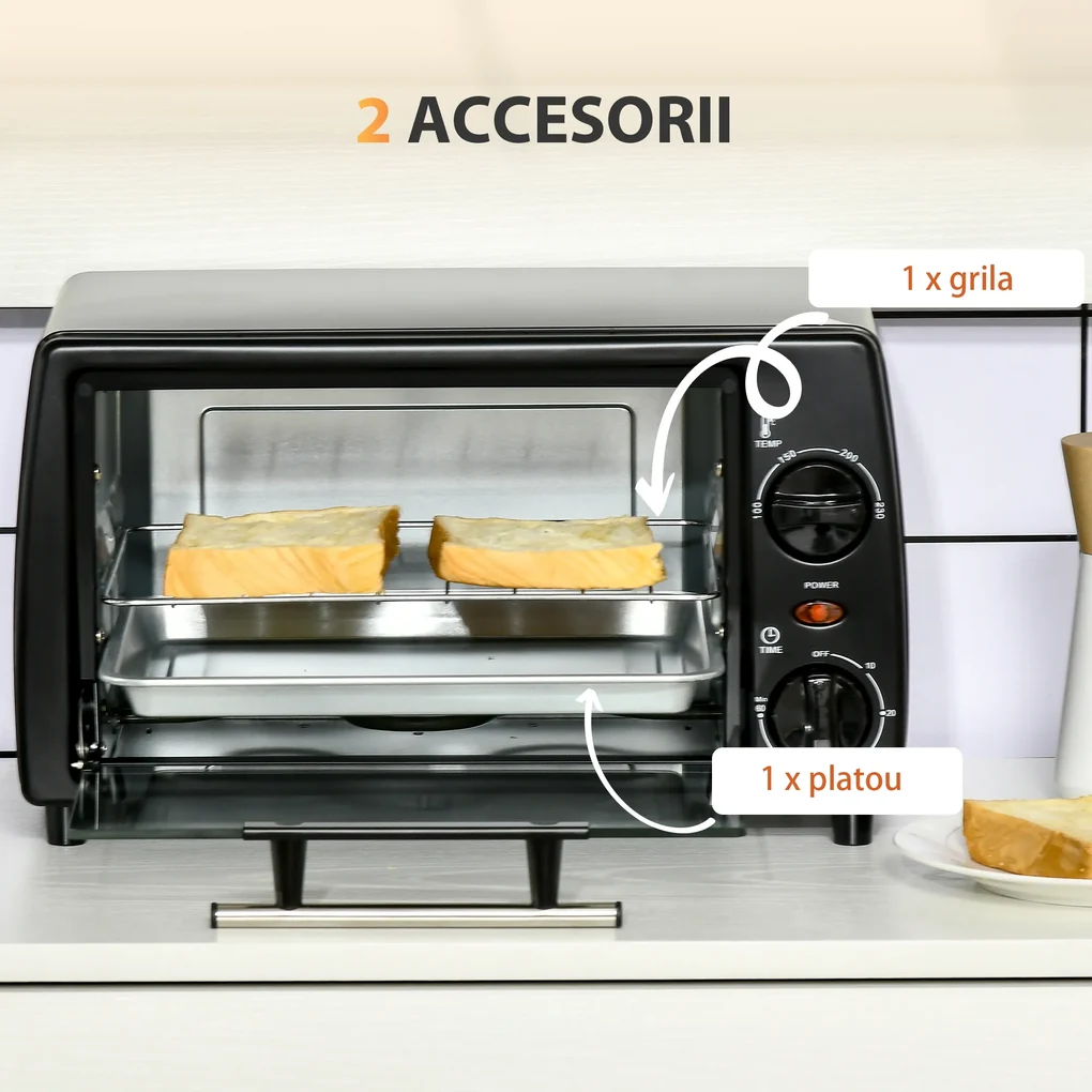 Mini Cuptor electric negru 36,5x26x22cm ,HOMCOM, 10L, temporizator, grila si tava incluse, 750 W, | Aosom Romania
