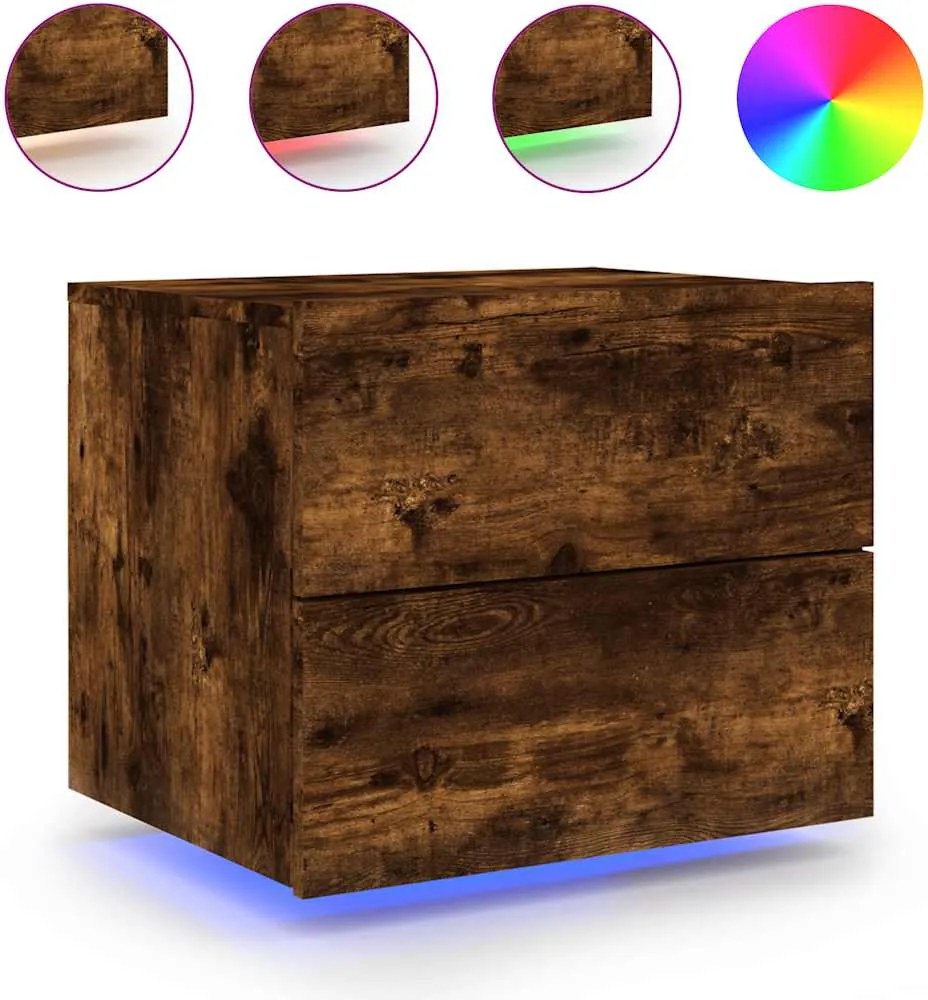 vidaXL Noptieră montată pe perete cu lumini LED, stejar fumuriu