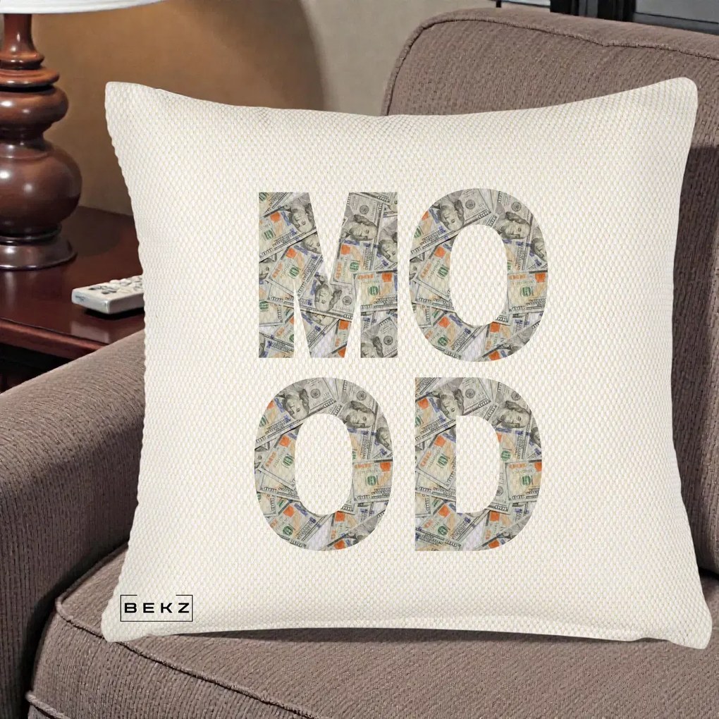 Perna Decorativa MOOD Money Grafic Urban, 40x40 cm, Crem Reliefat, Husa Detasabila, Perna Inclusa, BEKZ®