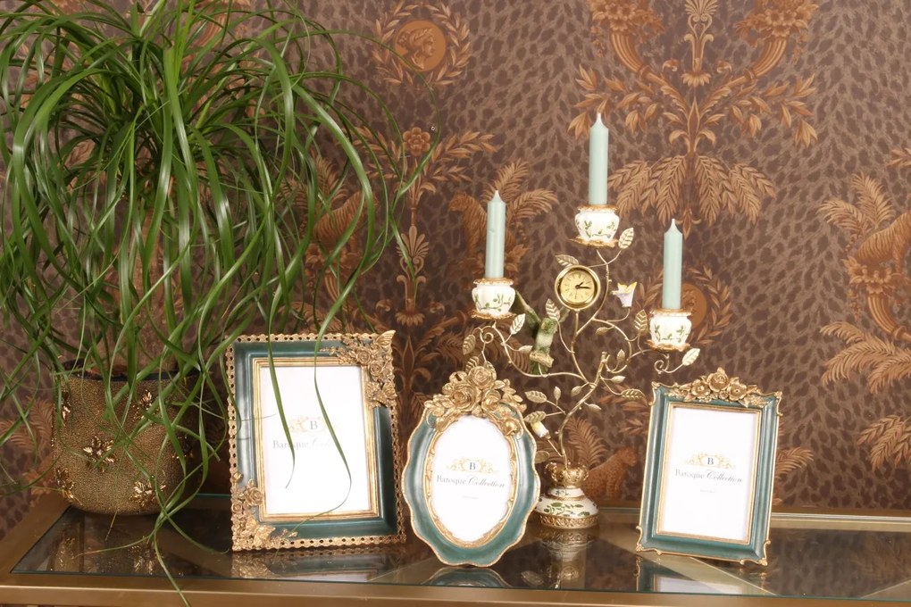Ramă foto decorativă din polirășină, verde, ramă ornamentată, format 9 x 13 cm, 22 x 15,2 x 3 cm, „Sauge”