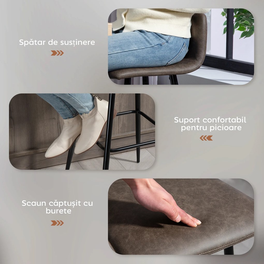 HOMCOM Set 2 Scaune de Bar cu Spătar și Suport pentru Picioare din PU și Oțel Maro | Aosom Romania