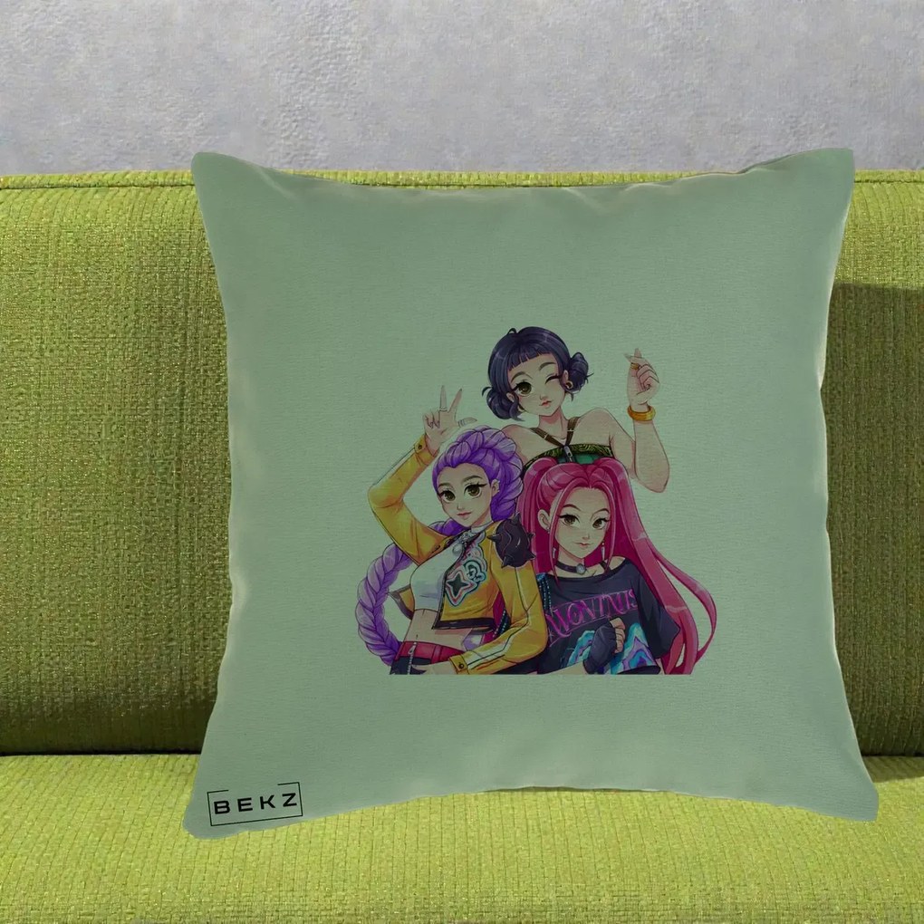 Perna Personalizata K-pop HUNTRX Trio Animat Fete Foto, 40x40 cm, Verde, Husa Detasabila, Perna Inclusa, BEKZ®