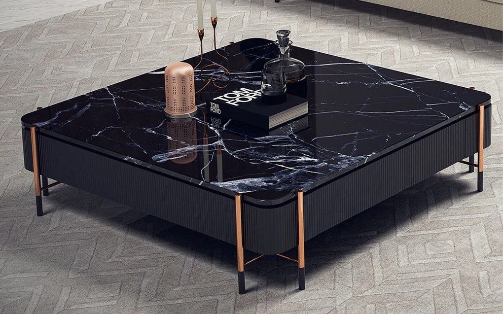 Masă lemn masiv Cafea Calista Negru-Rose Gold L 120 x A 120 x H 35 cm - Marmura naturala