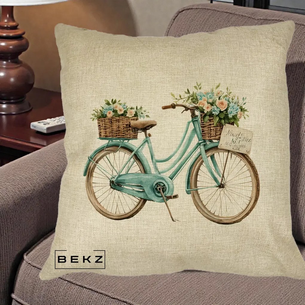 Perna decorativa Bicicleta Teal cu Cosuri Duble de Flori Vintage, 40x40 cm cu Umplutura, Crem, BEKZ