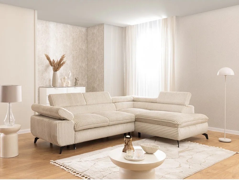 Colțar bej cu tapițerie din catifea reiată (cu colț pe partea dreaptă/în formă de ”L”) Marbeya – Ropez