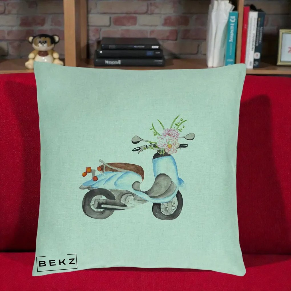 Perna Decorativa Scuter Albastru cu Flori Acuarela, 40x40 cm, Verde Menta, Husa Detasabila, Perna Inclusa, BEKZ®