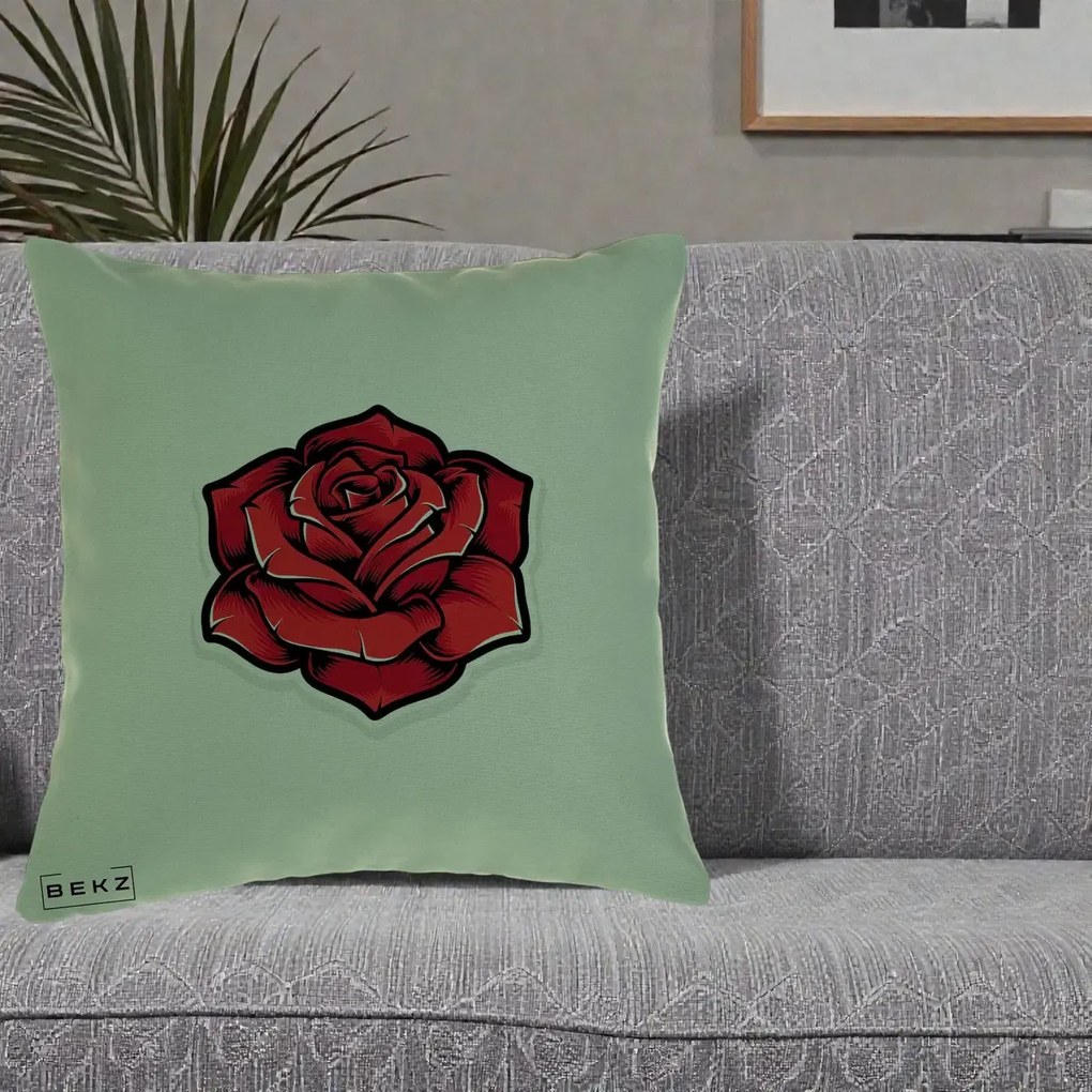 Perna Decorativa Trandafir Rosu Tattoo, 40x40 cm, Verde, Husa Detasabila, Perna Inclusa, BEKZ®