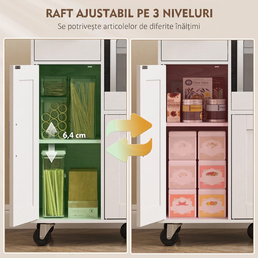 HOMCOM Dulap pentru cuptorul cu microunde din lemn, cu sertar, 2 dulapuri, raft deschis și blat ajustabil, 80x40x88.7 cm, alb | Aosom Romania