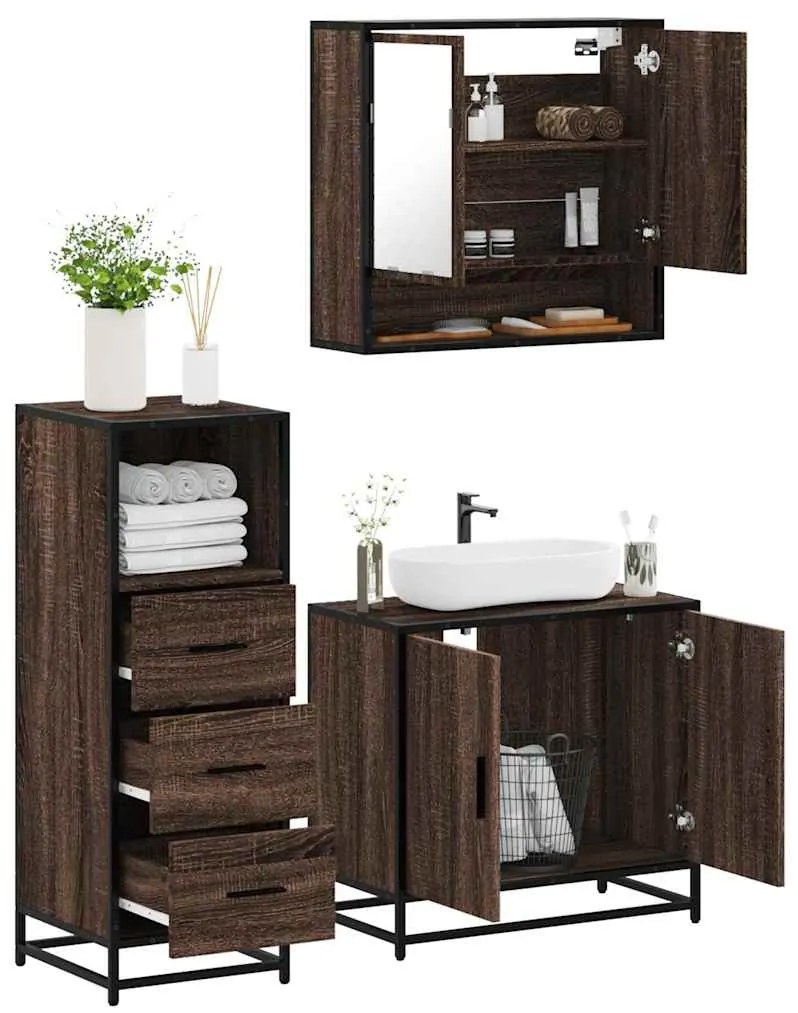 vidaXL Set mobilier de baie, 3 piese, stejar maro, lemn prelucrat