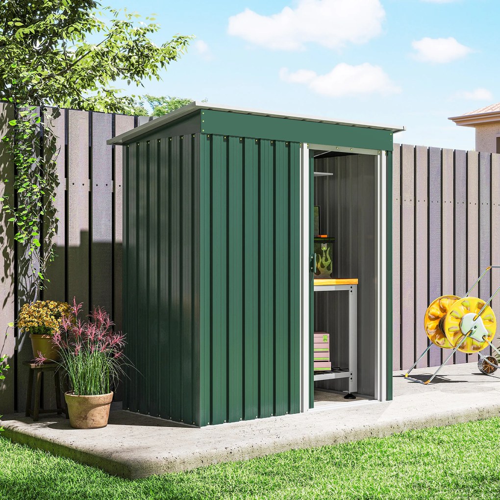 Outsunny Magazie de Grădină pentru Scule din Oțel Galvanizat cu Acoperiș Înclinat și Ușă Culisantă, 163x89x182 cm, Verde | Aosom Romania