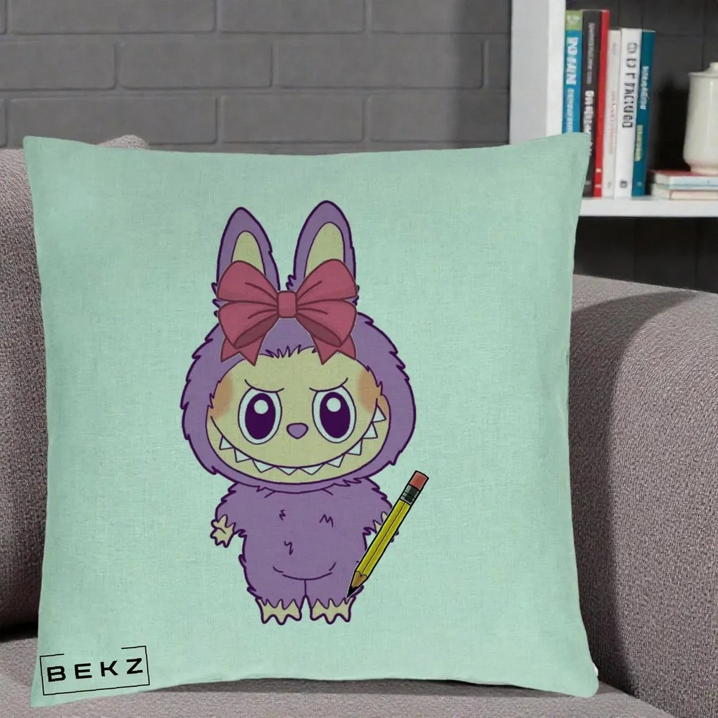 Perna Personalizata Labubu Mov cu Funda Rosie si Creion, 40x40 cm, Verde Menta, Husa Detasabila, Perna Inclusa, BEKZ®