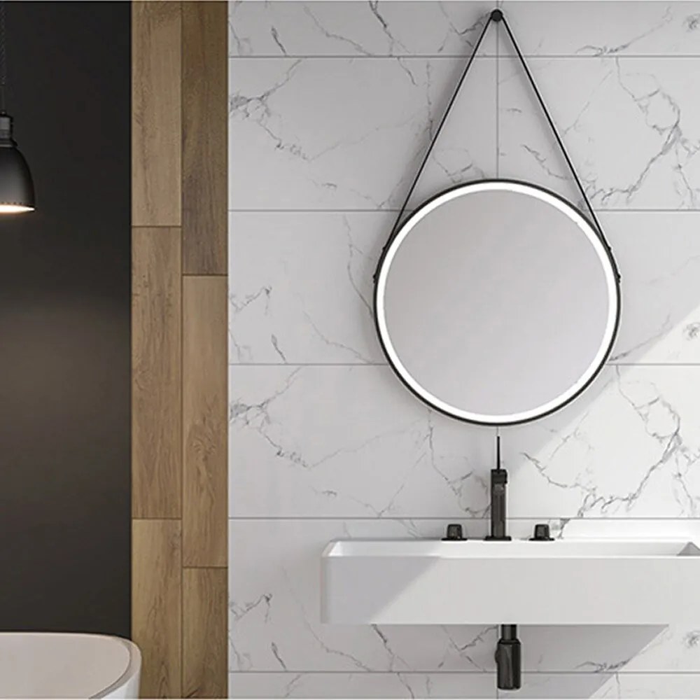 Oglinda cu iluminare LED si dezaburie Fluminia Mona 60 cm rama din piele
