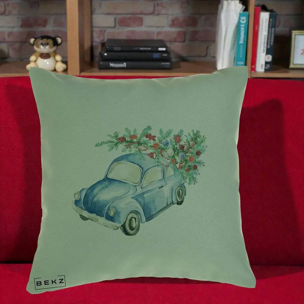 Perna Decorativa Masinuta Albastra cu Brad de Craciun, 40x40 cm, Verde, Husa Detasabila, Perna Inclusa, BEKZ®