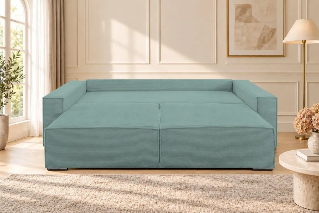 Canapea extensibilă Livia din catifea reiată, verde marin, cu ladă de depozitare