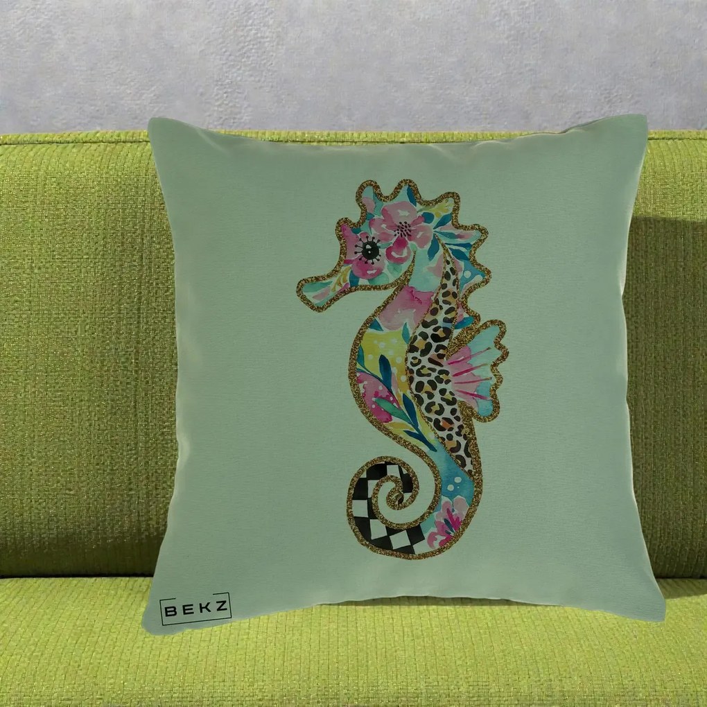 Perna Decorativa Calut de Mare Glitter Tropical, 40x40 cm, Verde, Husa Detasabila, Perna Inclusa, BEKZ®