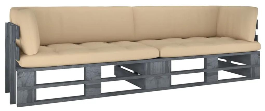 3066628 vidaXL Canapea din paleți cu 2 locuri, cu perne, gri, lemn pin tratat