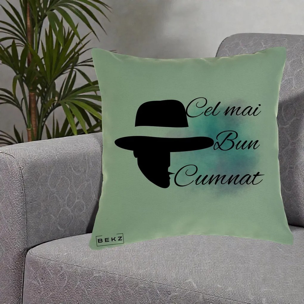 Cadou pentru Cumnat - Perna Personalizata Cel mai Bun Cumnat cu Silueta Palarie si Pete Teal-Roz, 40x40 cm, Verde, Husa Detasabila, Perna Inclusa, BEKZ®