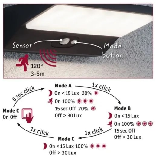 Aplică de exterior cu senzor LED/7,4W IP44 HOUSE 230V Paulmann 94333