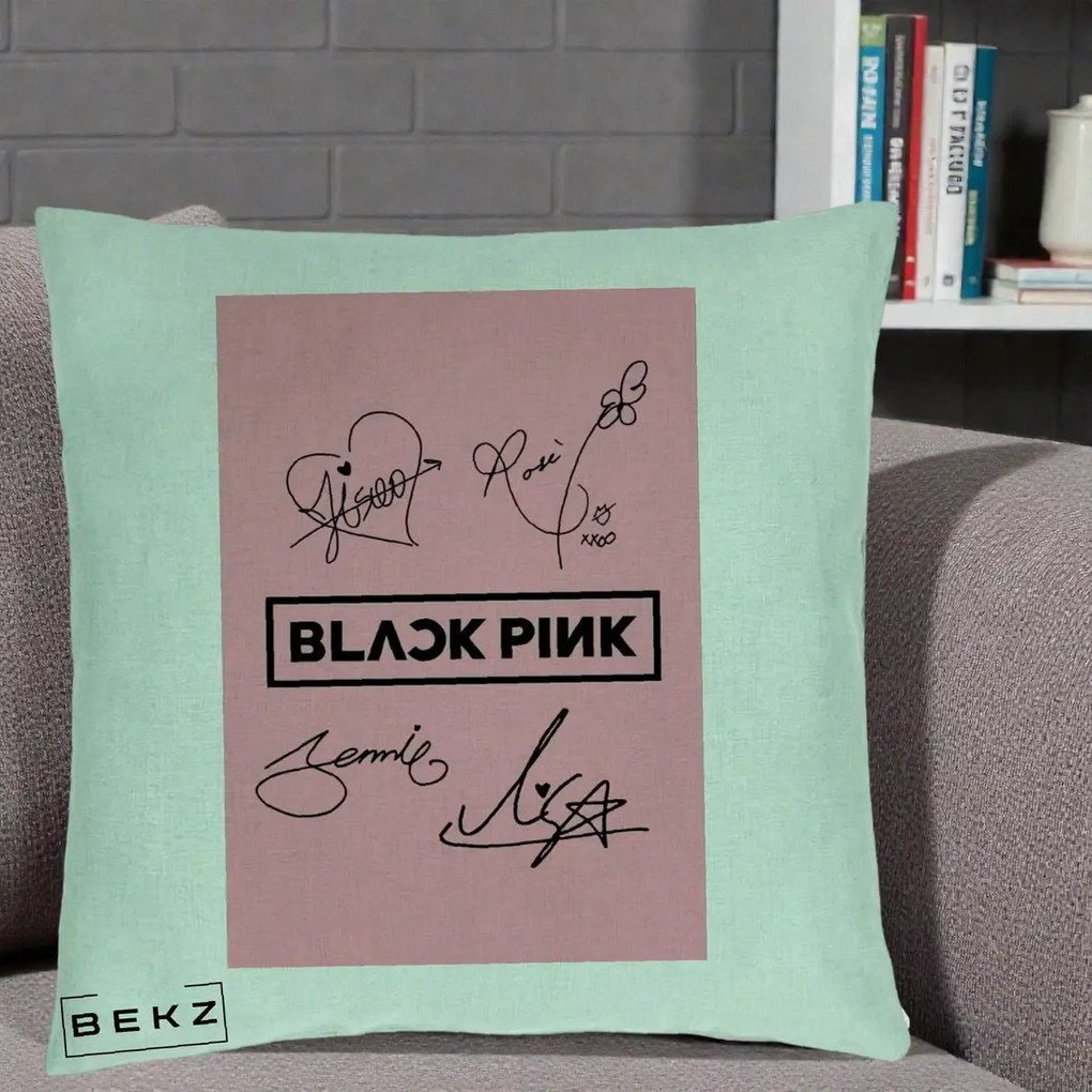 Perna Personalizata K-pop BLACKPINK Semnaturi Roz, 40x40 cm, Verde Menta, Husa Detasabila, Perna Inclusa, BEKZ®