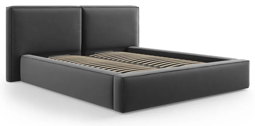 Pat matrimonial gri închis tapițat din catifea cu spațiu de depozitare cu somieră 180x200 cm Arendal – Cosmopolitan Design