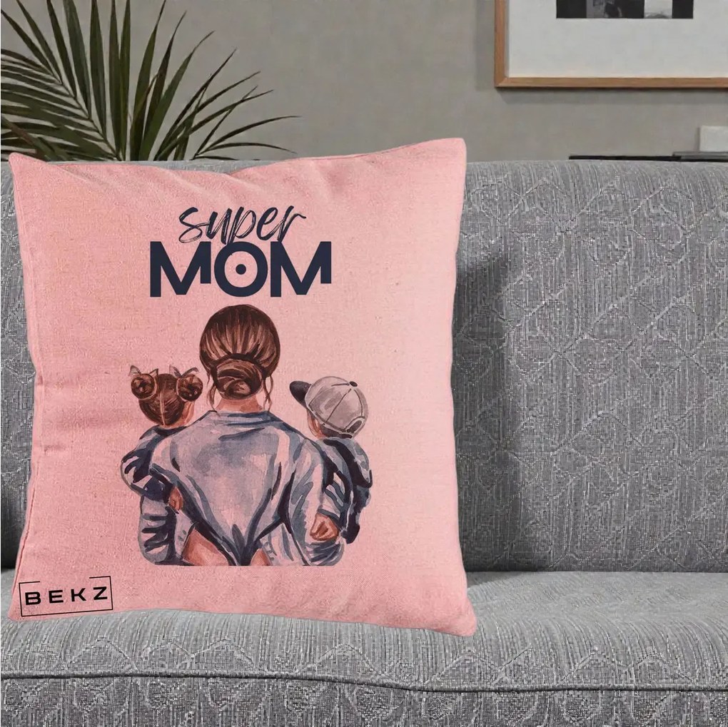 Cadou pentru Mama - Perna Personalizata Super Mom, 40x40 cm, Roz, Husa Detasabila, Perna Inclusa, BEKZ®