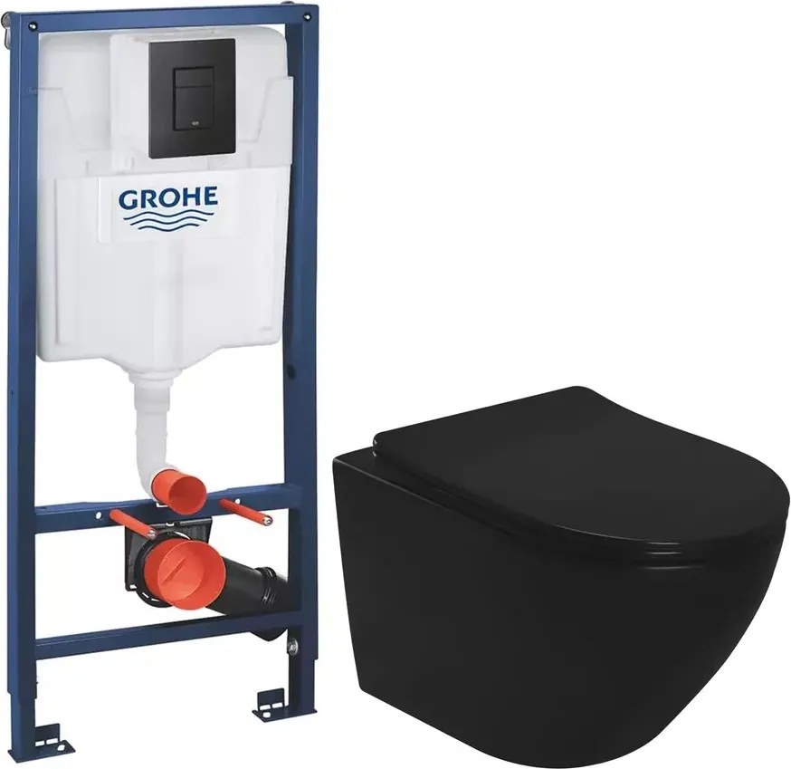 Pachet vas wc suspendat Rea Carlo, capac softclose, rezervor Grohe Rapid SL si clapeta Grohe Even negru mat