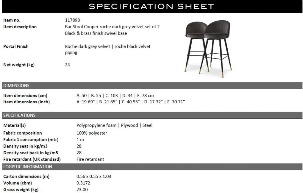 Set de 2 scaune de bar pivotante, design LUX, Bar Stool Cooper gri inchis