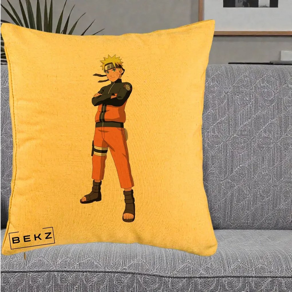 Perna Personalizata Naruto Uzumaki Portret Complet, 40x40 cm, Galben, Husa Detasabila, Perna Inclusa, BEKZ®