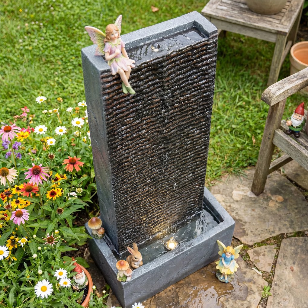 Outsunny Fântână 2 niveluri pentru grădină cu iluminare LED, pompă, aspect granit 37,5 x 22 x 80 cm | Aosom Romania