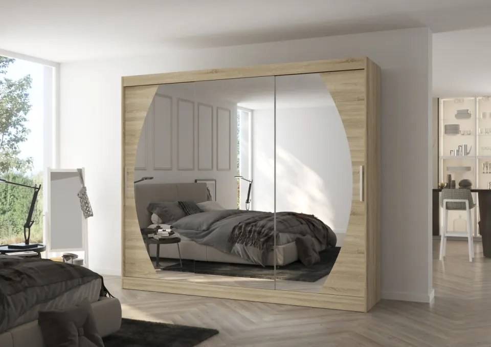 Dulap cu usi glisante si oglinda 250x215 cm, Cambe, ADRK Furniture (Culoare: Sonoma / Alb)