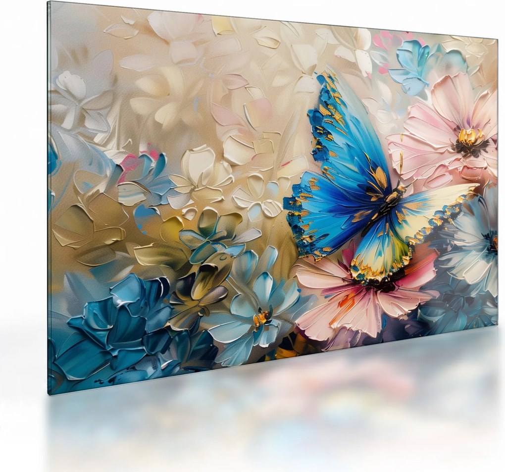 Tablou pe sticlă - Pictura de flori și fluturi (70x50 cm)