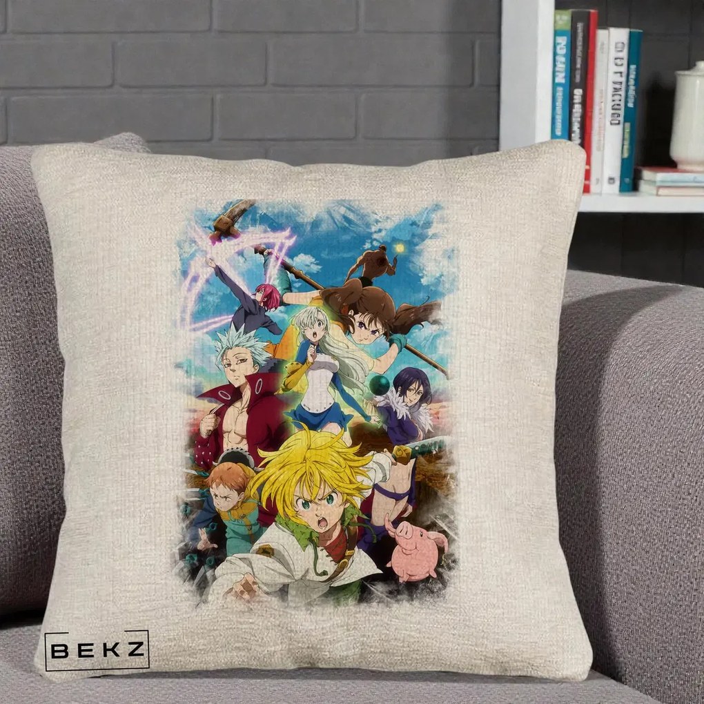 Perna Personalizata Nanatsu no Taizai Cele Sapte Pacate Mortale Anime, 40x40 cm, Bej Canapea, Husa Detasabila, Perna Inclusa, BEKZ®