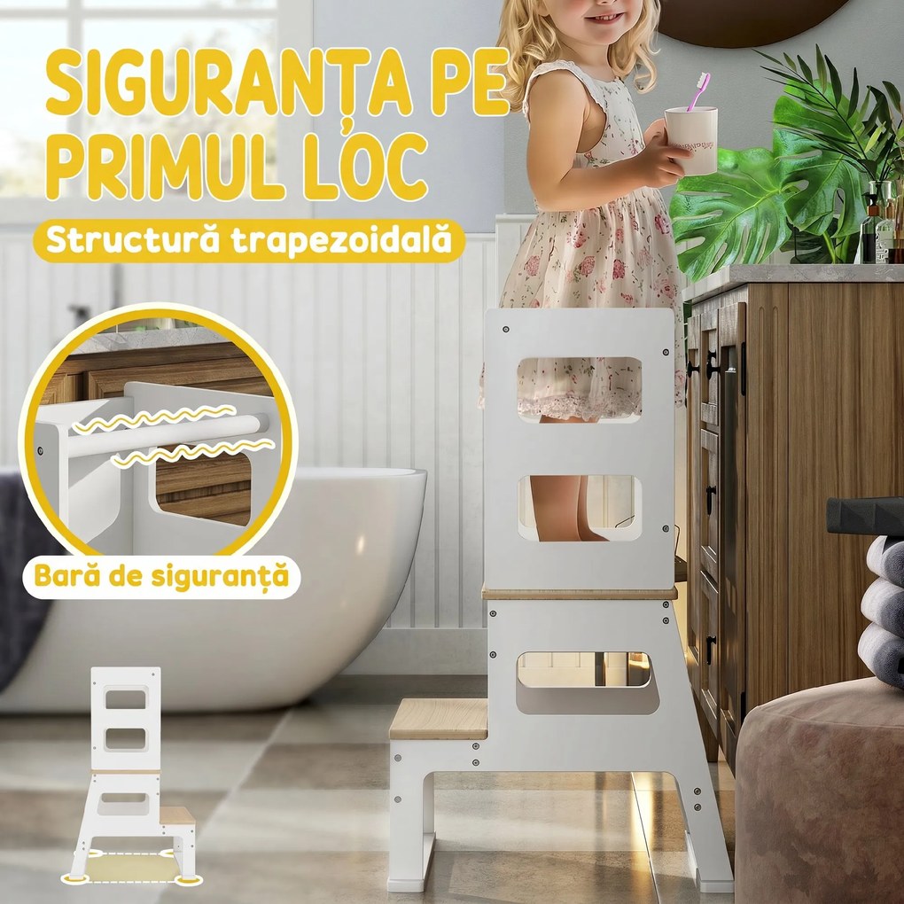 AIYAPLAY Turn de Învățare pentru Copii 3-6 Ani cu Tablă și Balustradă de Siguranță, 55x52,5x87,5 cm, Alb | Aosom Romania
