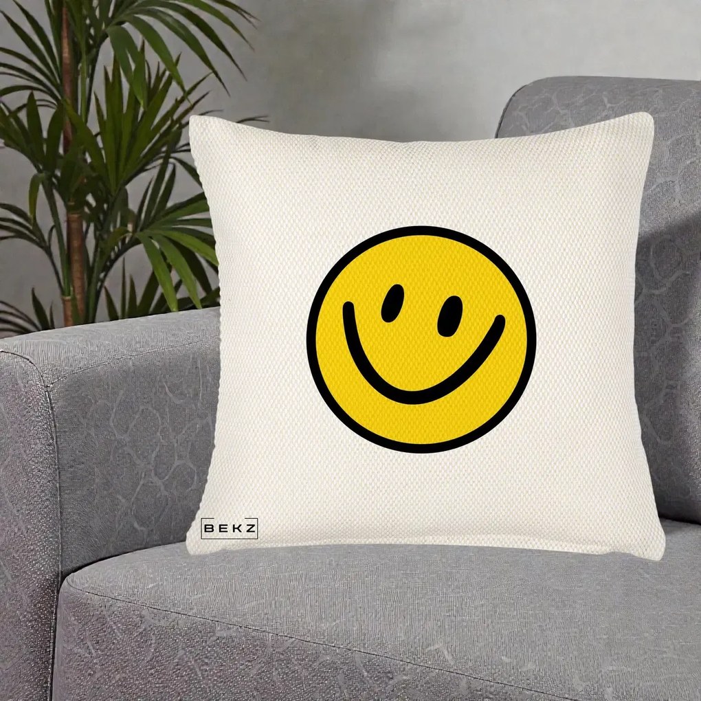 Perna Decorativa Smiley Face Galben Clasic, 40x40 cm, Crem Reliefat, Husa Detasabila, Perna Inclusa, BEKZ®