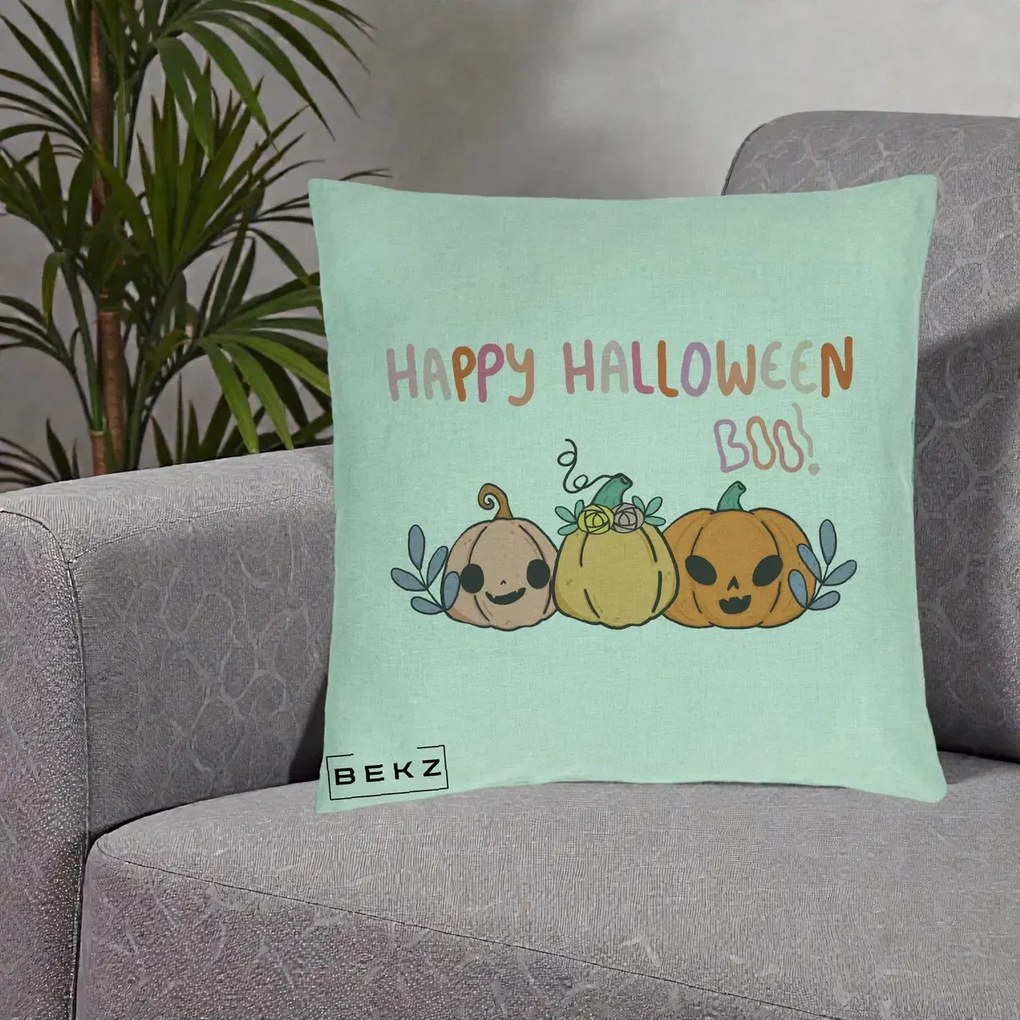Perna Decorativa Happy Halloween Boo Trei Dovlecei Kawaii, 40x40 cm, Verde Menta, Husa Detasabila, Perna Inclusa, BEKZ®