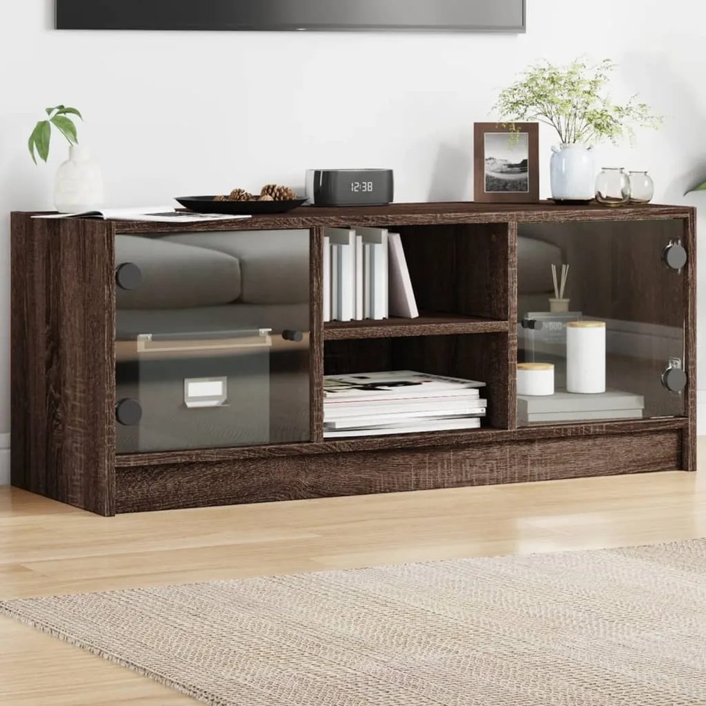 Comoda TV cu usi din sticla, stejar maro, 102x37x42 cm