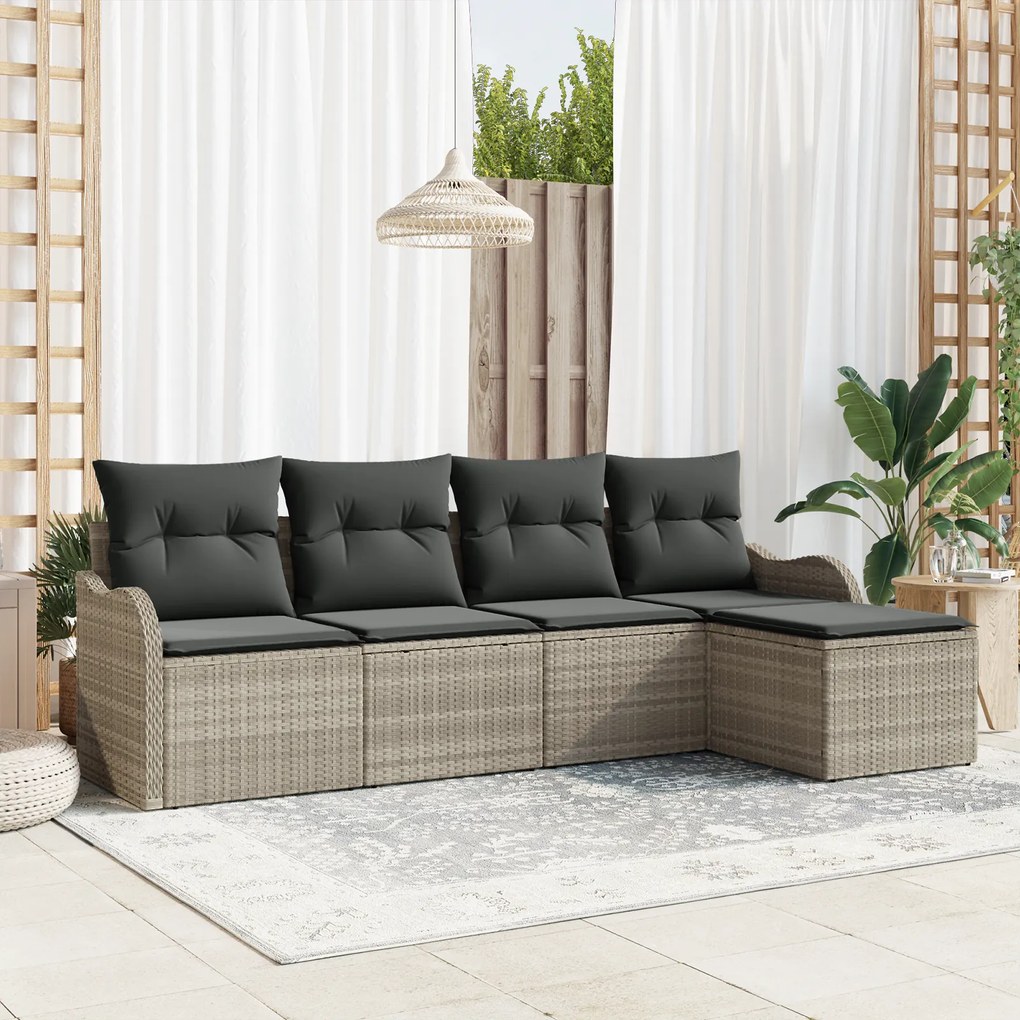 Set Canapea Grădină vidaXL cu Perne Gri Deschis Ratan Poliester 5 Piese